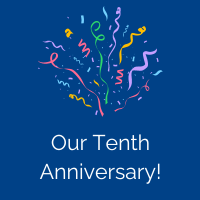 the words Our Tenth Anniversary appear below a cloud of confetti.