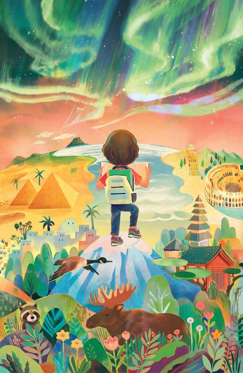 a painting of a young person walking in a world full of nature, and famous architectural monuments