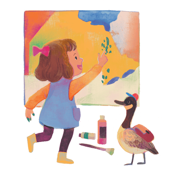 Peinture d'une jeune fille peignant un tableau à côté d'une bernache du Canada.