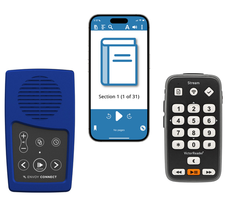 An Envoy Connect device, an iPhone with a book playing in the EasyReader app on it and a Victor Stream device.