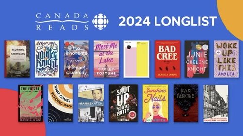 Covers of the 15 books on the Canada Reads longlist are show in 2 rows against a blue background. The Canada Reads logo and the text  2024 Longlist appear above the book covers.