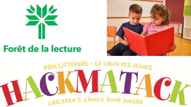 Logos du prix Hackmatack et de la Forêt de la lecture et un photo de deux enfants lisant ensemble un grand livre rouge.
