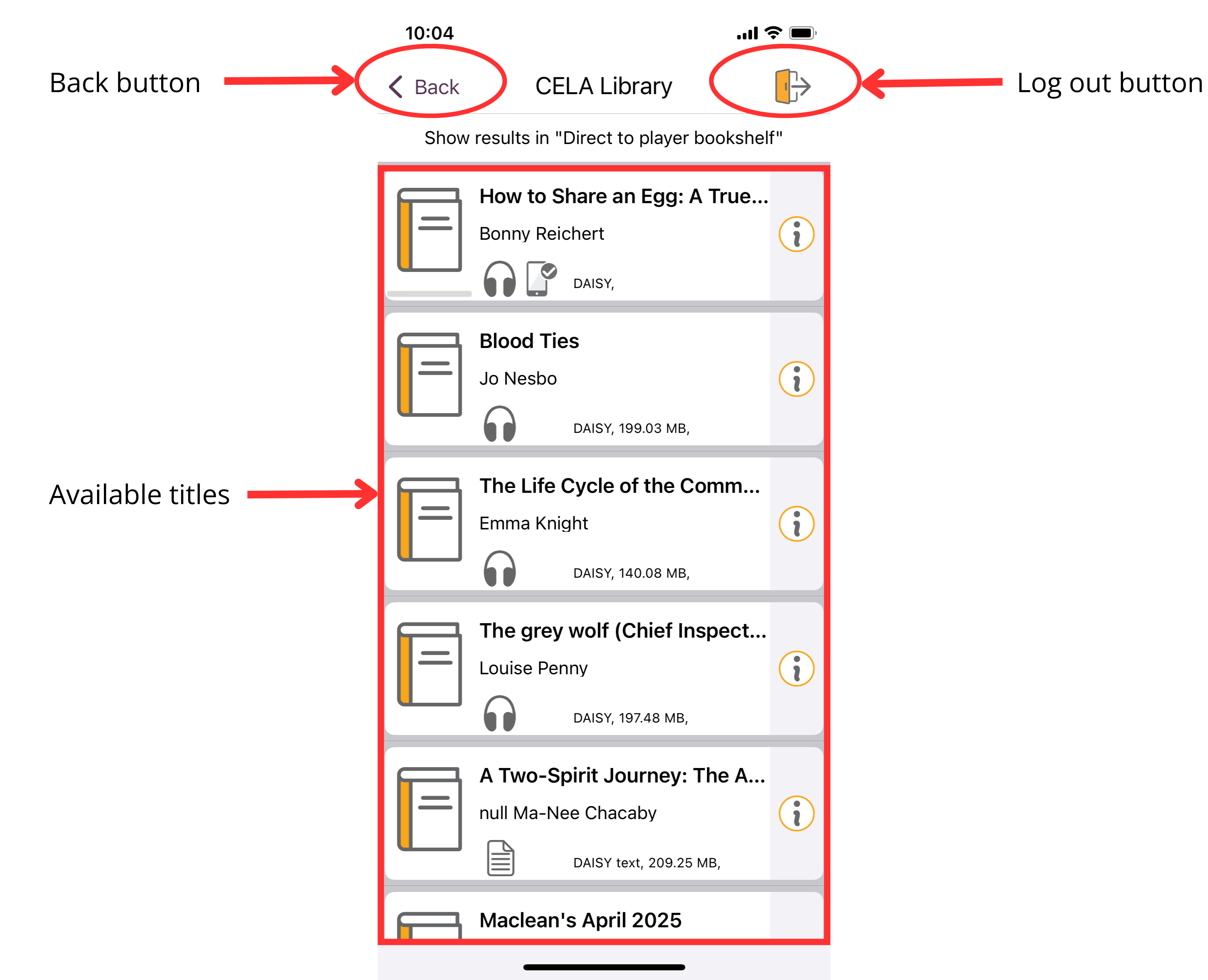 Screenshot of the CELA Direct to player bookshelf open in the EasyReader application with labelled red arrows pointing to the Back and Log out buttons and the list of available titles.