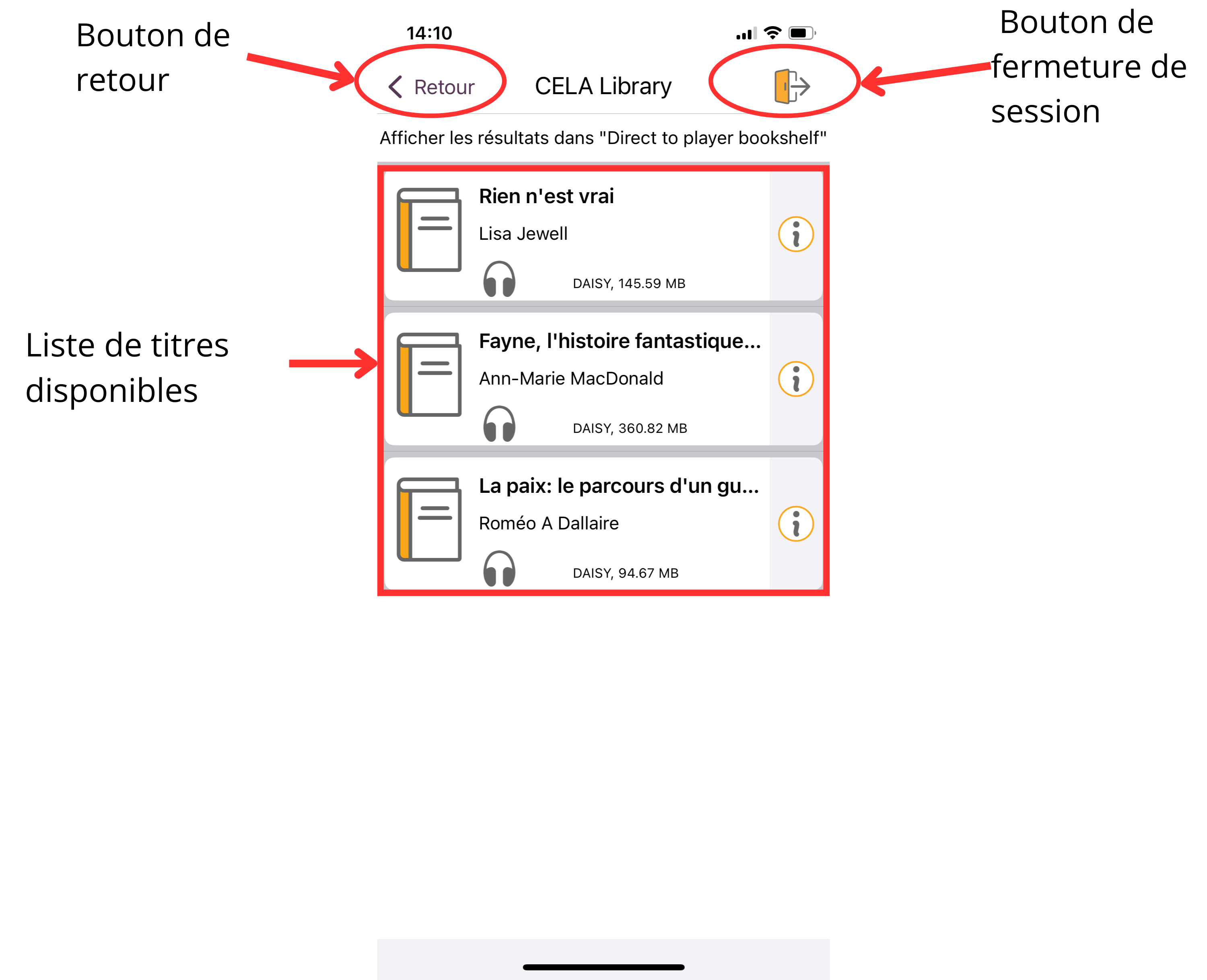 Capture d’écran de l’étagère de Téléchargement direct du CAÉB, ouverte dans l’appli EasyReader, avec des flèches rouges pointant vers les boutons de retour et de fermeture de session, ainsi que la liste des titres disponibles.