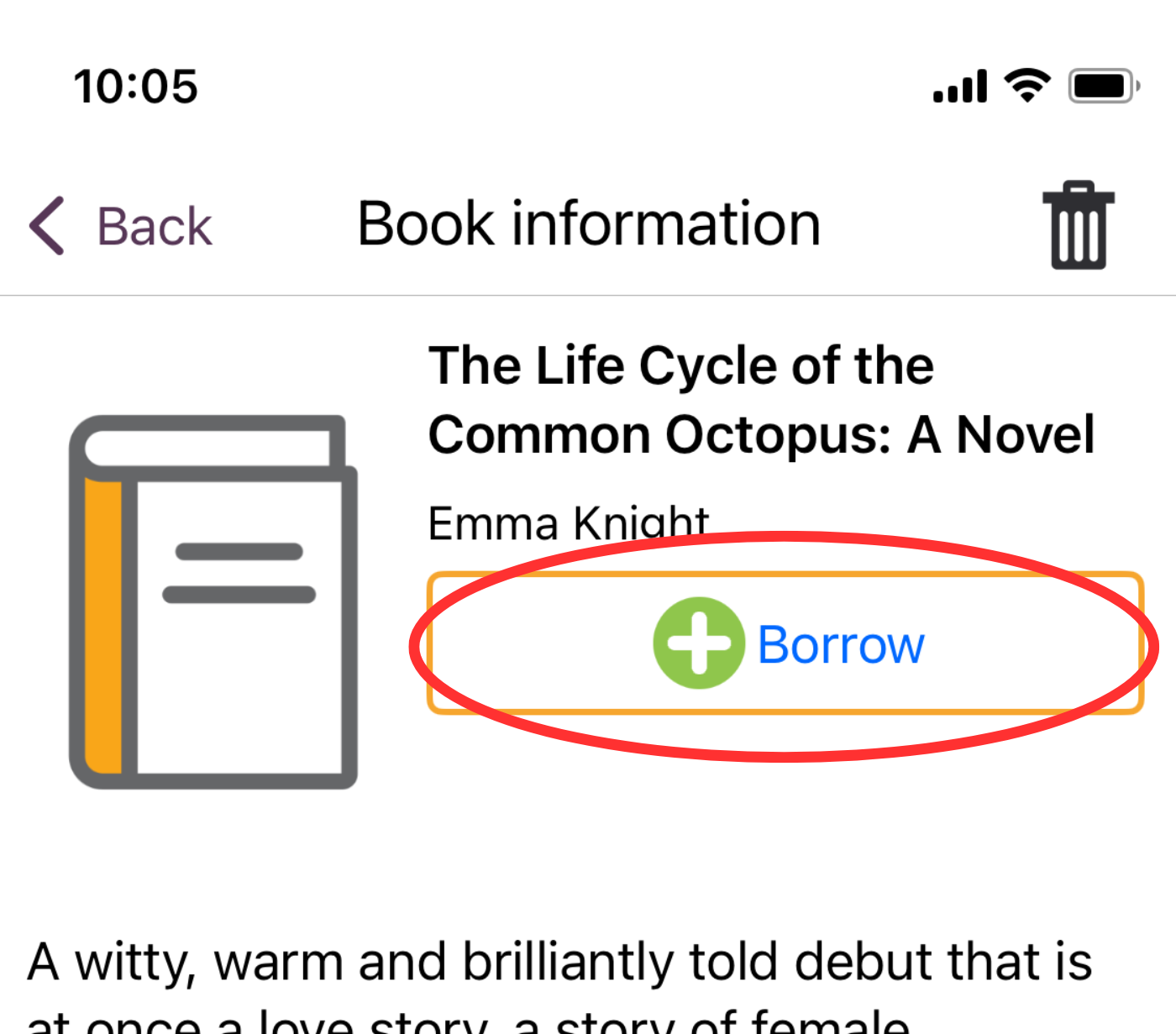 Screenshot of the book information screen open in the EasyReader application with a red circle around the Borrow button.