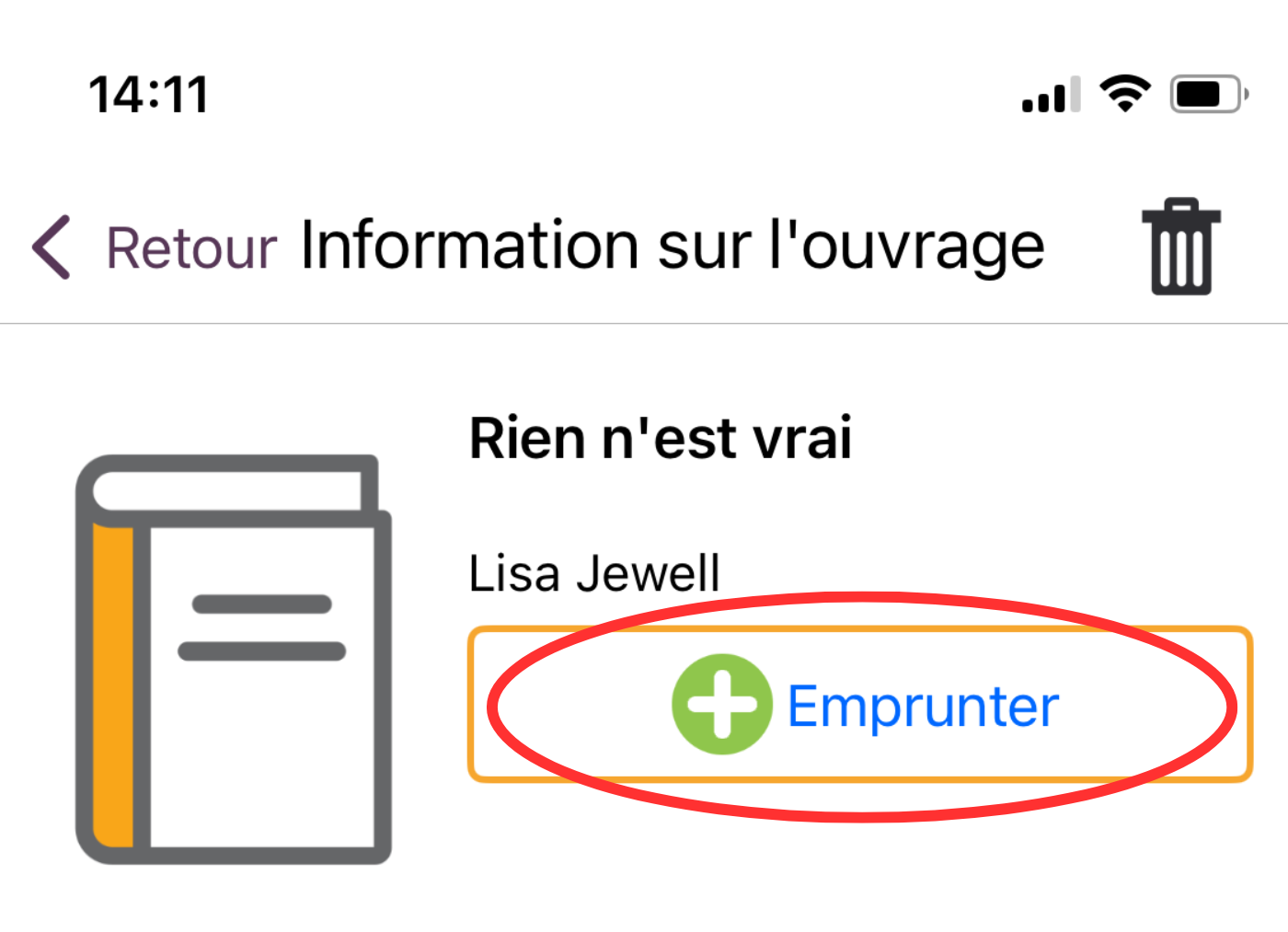 Capture de l’écran de renseignements sur le livre dans l’application EasyReader, avec un cercle rouge autour du bouton Emprunter.