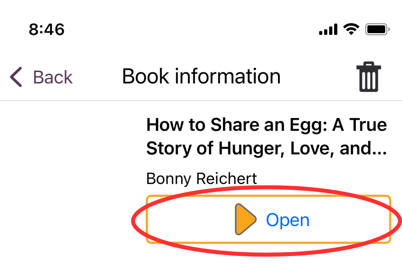 Screenshot of the book information screen open in the EasyReader application with a red circle around the Open button.