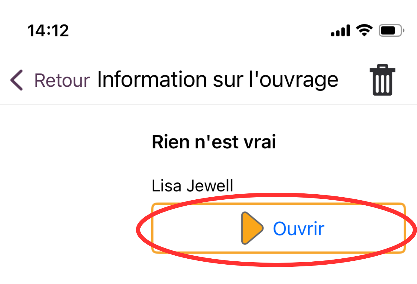 Capture de l’écran de renseignements sur le livre dans l’application EasyReader, avec un cercle rouge autour du bouton Ouvrir.