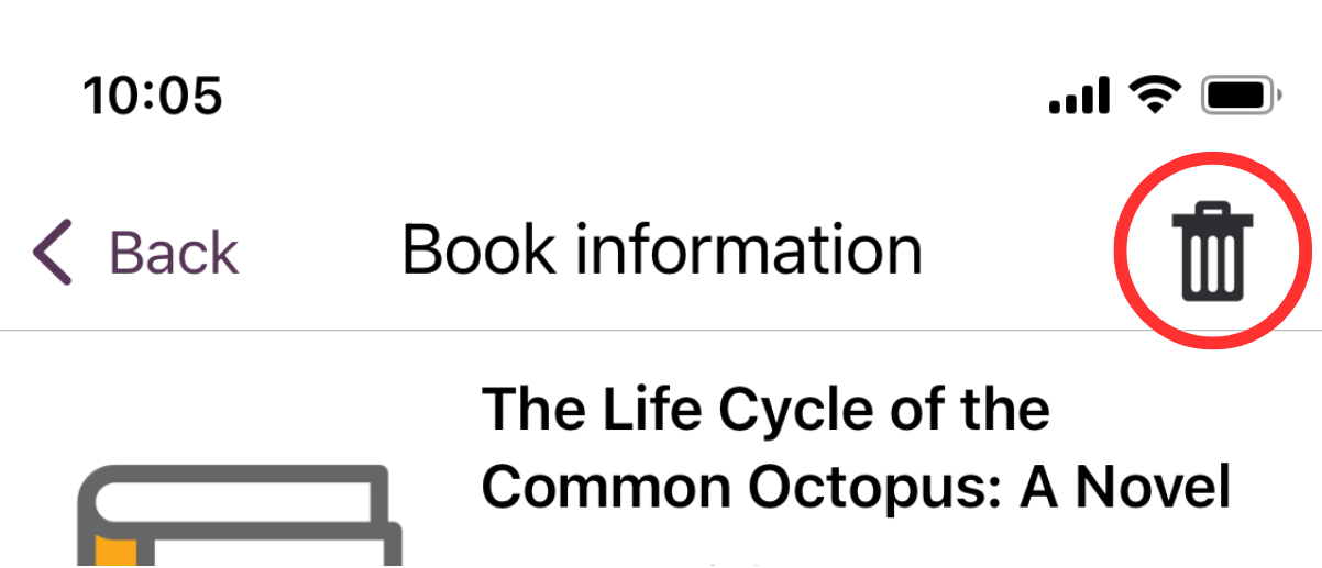 Screenshot of the book information screen open in the EasyReader application with a red circle around an icon in the top right corner shaped like a trash bin.