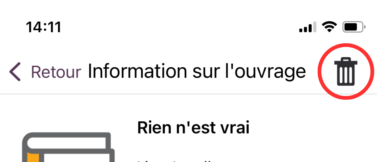 Capture de l’écran de renseignements sur le livre dans l’application EasyReader, avec un cercle rouge autour d’une icône de corbeille située en haut à droite.