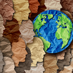 Faces cut from different colours of paper form a collage around an image of the earth.