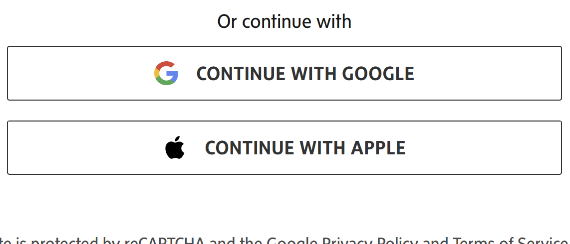 Screenshot of two buttons, one labelled "Continue with Google" and one labelled "Continue with Apple".