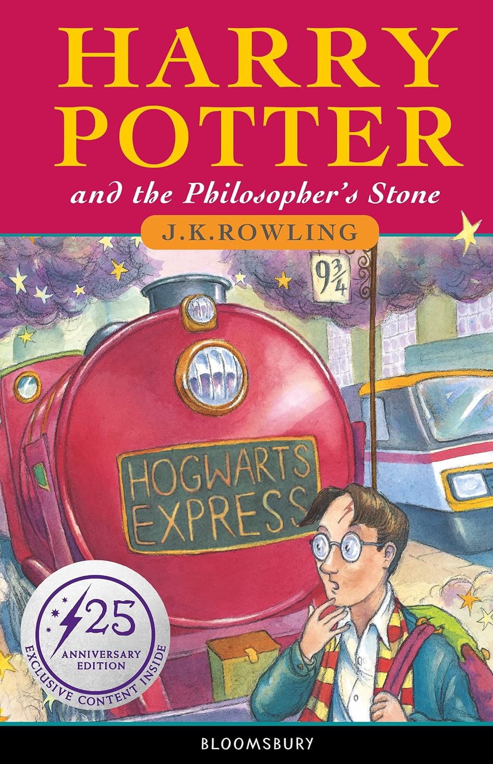 Cover of the book Harry Potter and the Philosopher's Stone by J. K. Rowling.