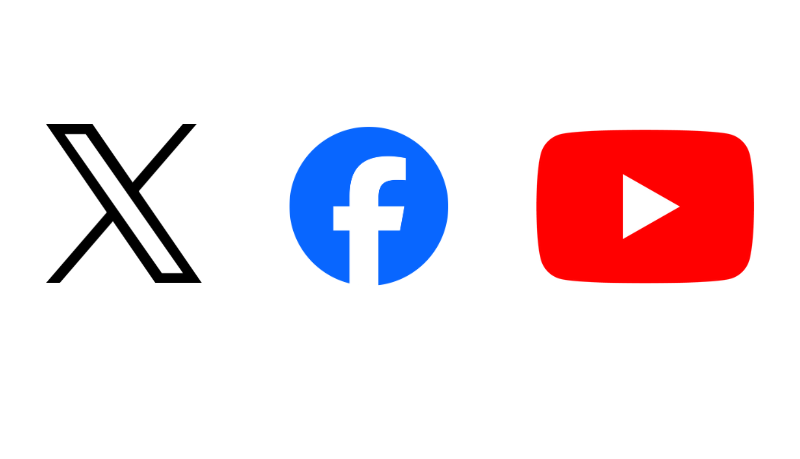 Logos d'X, Facebook, et YouTube.
