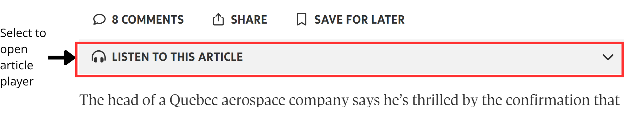 Screenshot of "Listen to this article" feature with a red box around the control and a label.