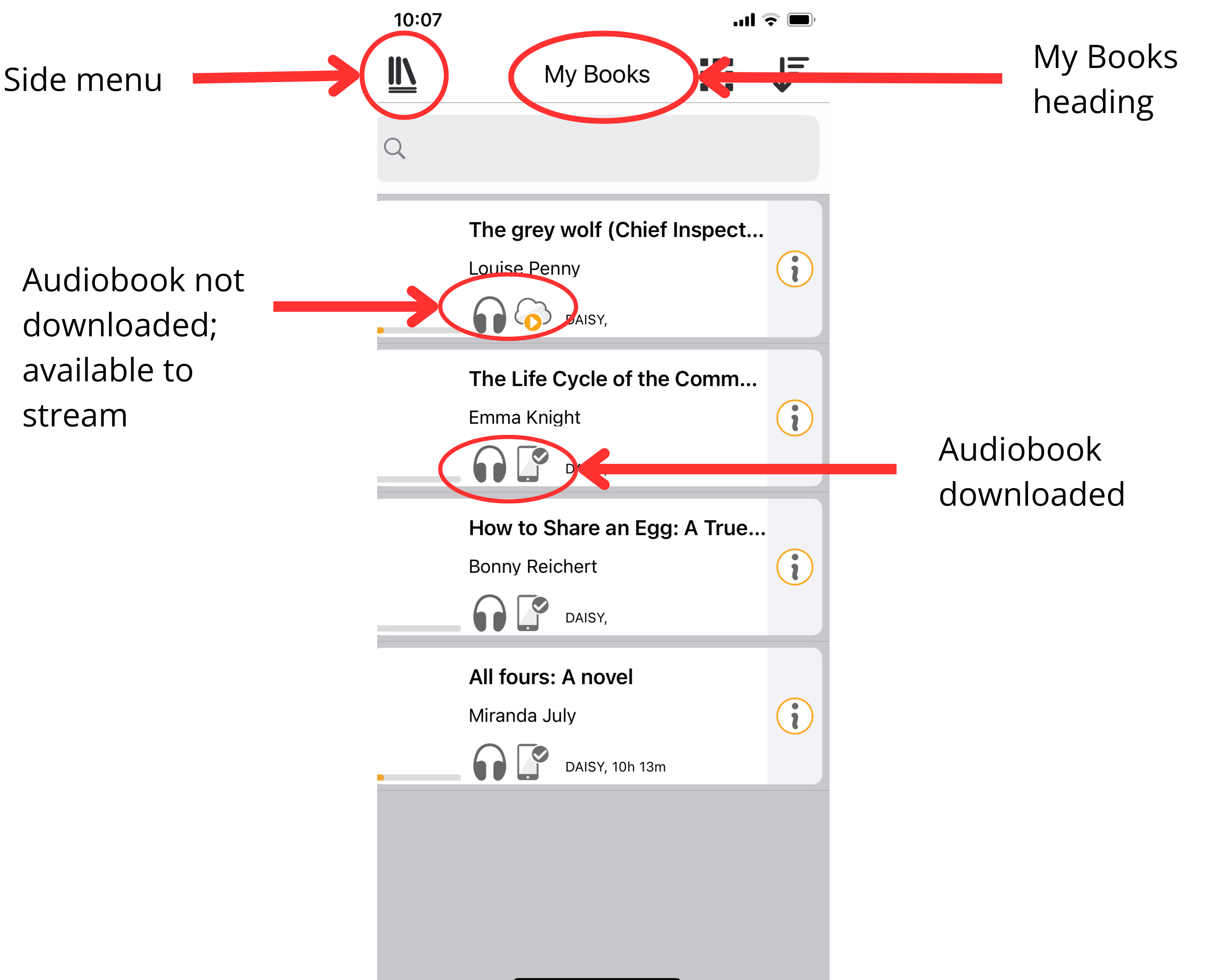 Screenshot of My Books displayed when EasyReader application is opened with labelled red arrows pointing to the icon to open the side menu, the My Books heading and the icons denoting when an audiobook is downloaded and when it is available for streaming.