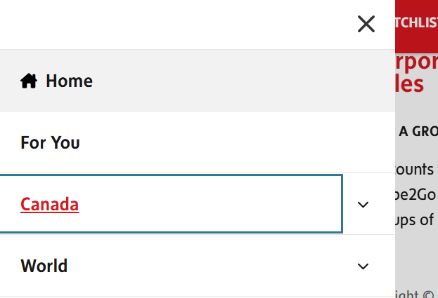 Screenshot of main menu with the third option, "Canada", selected, indicated by a box around the word.
