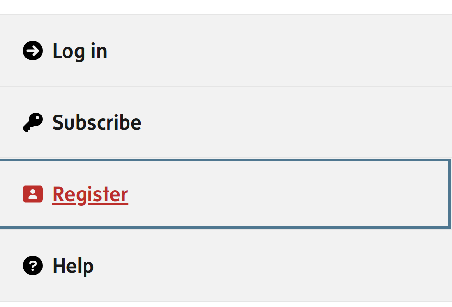 Screenshot of part of the main menu with the option "Register" selected.
