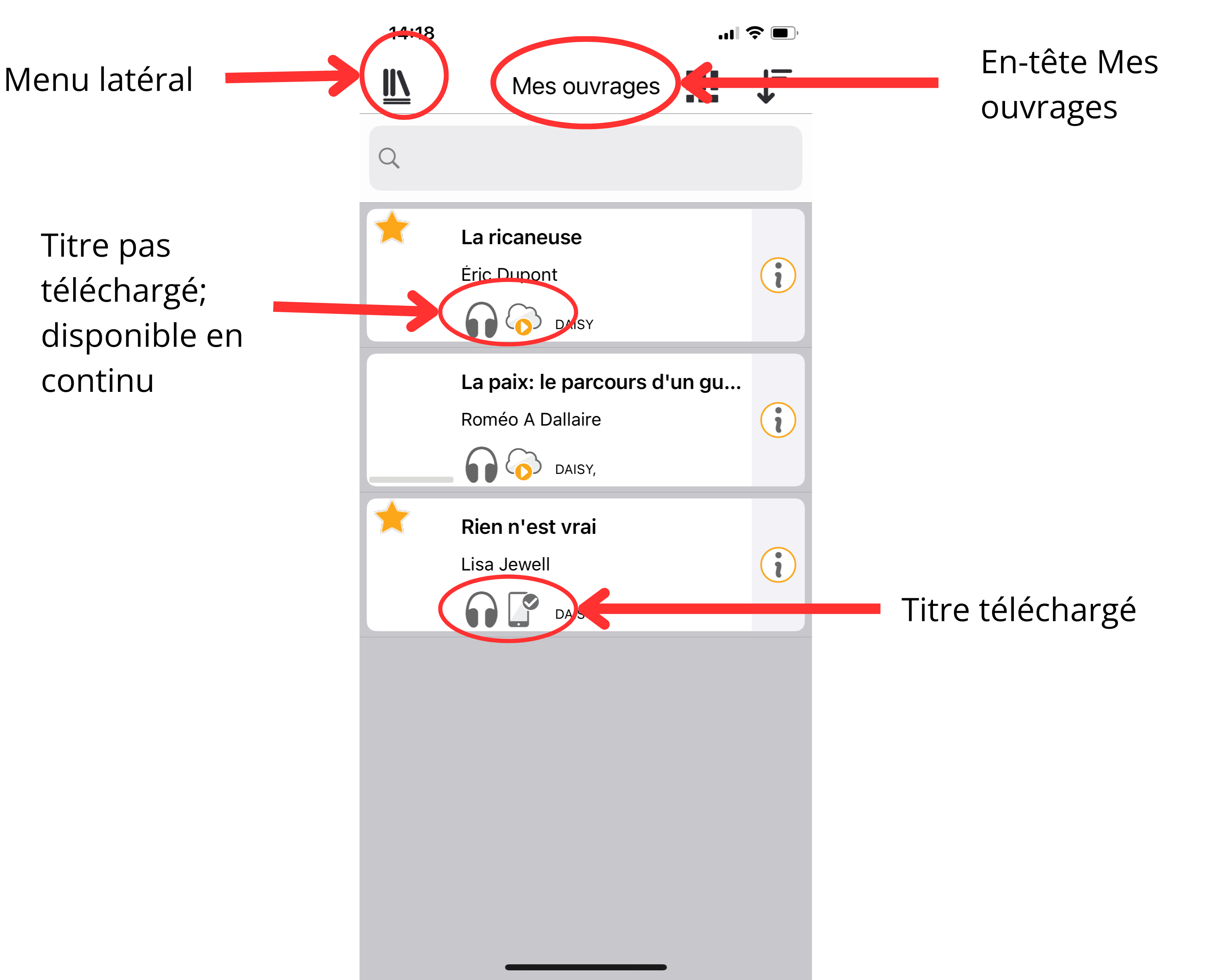 Capture d’écran de la rubrique Mes ouvrages affichée à l’ouverture de l’application EasyReader, avec des flèches rouges pointant vers l’icône d’ouverture du menu latéral, l’en-tête de la rubrique Mes ouvrages et les icônes indiquant quand un livre audio est téléchargé et quand il peut être écouté en continu.