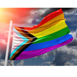 Un drapeau de la fierté flotte contre un ciel bleu.