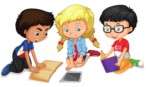 Cartoon of three children reading books. Two read traditional print and one reads from a tablet.