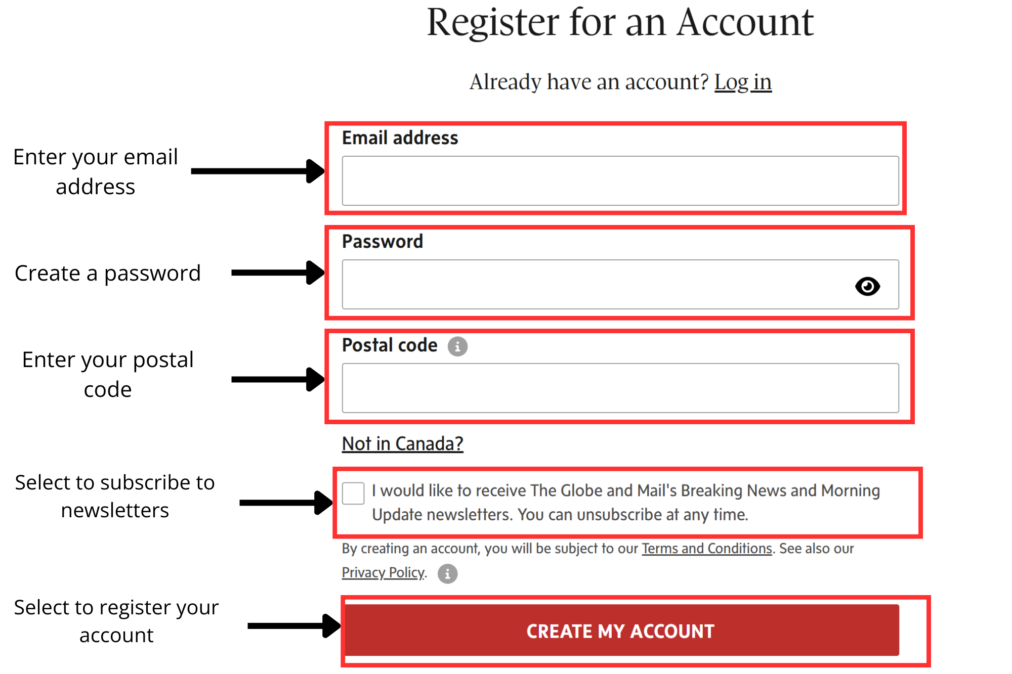 Screenshot of the registration form with the fields and options labelled.