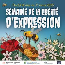 Une abeille illustrée poline les fleurs. Au-dessus du texte se lit : 23 février - 2 mars 2024. Semaine de la liberté d'expression.