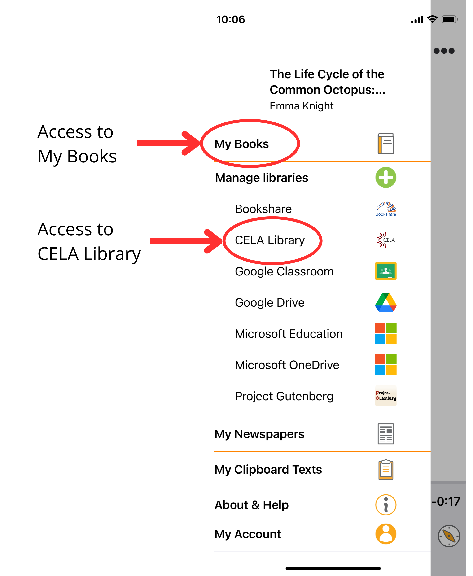 Screenshot of the side menu open in the EasyReader application with labelled red arrows pointing to My Books and CELA Library in the menu.