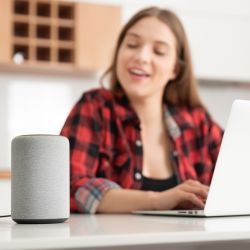 A woman types on a laptop and listens to a smart speaker.