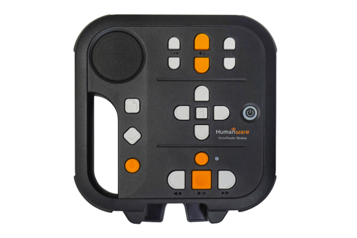 Victor Stratus 2 audio player, which features large, high-contrast buttons.