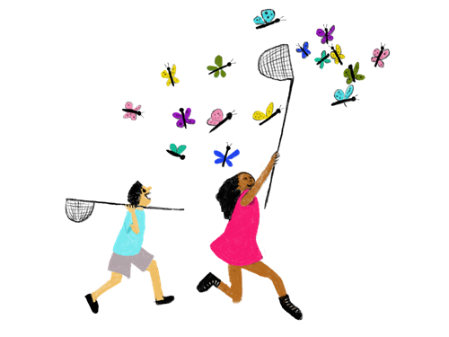 Drawing of two people chasing butterflies with nets.