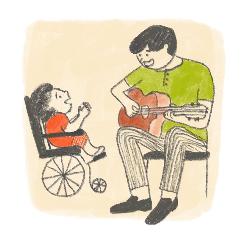 Drawing of an adult sitting in a chair and playing guitar to a clapping child in a wheelchair.