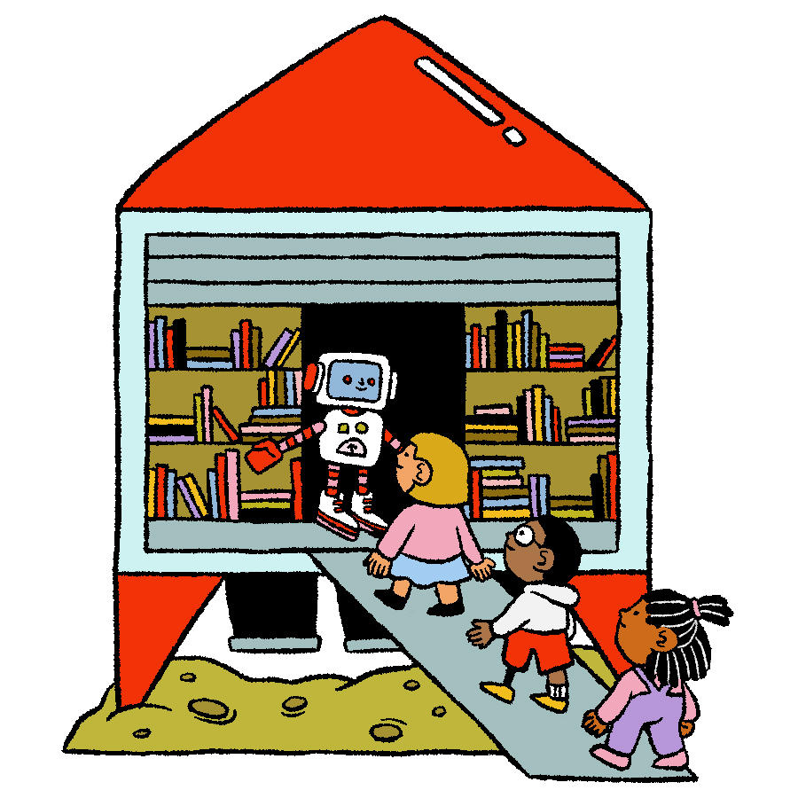 Un robot accueille trois enfants dans une bibliothèque en forme de fusée.