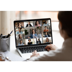 A person looks at a laptop with a variety of people in an online meeting.
