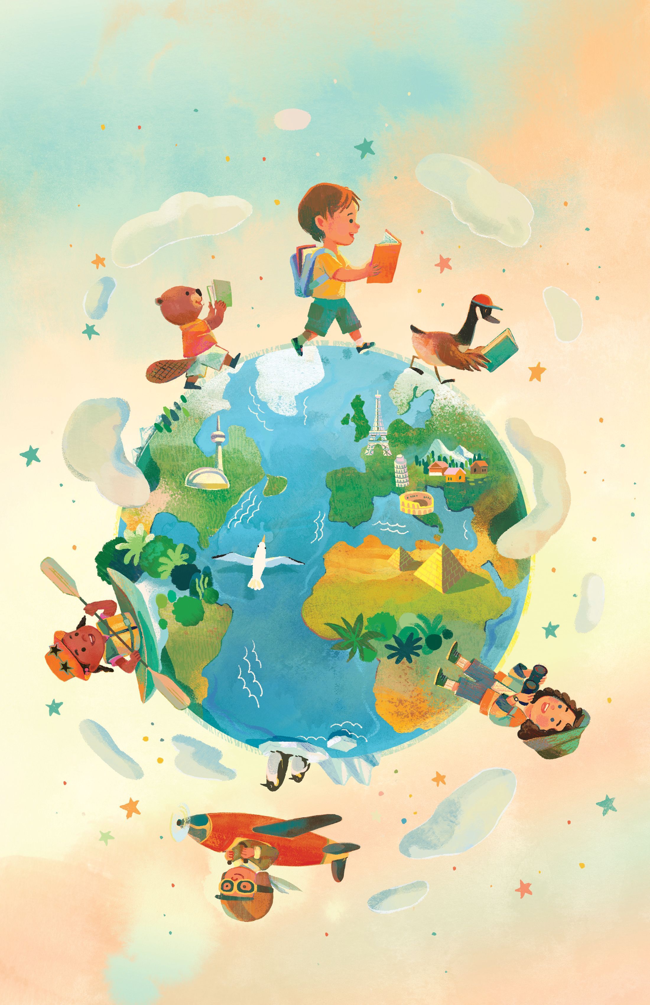 Illustration d'enfants et d'animaux qui marchent autour d'une petite planète terre.