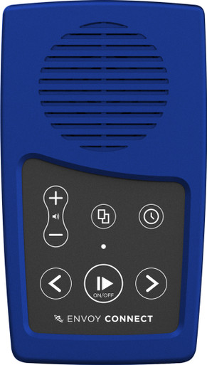 The Envoy Connect is a small rectangular blue device with 6 buttons on the face and a round speaker area above the buttons.