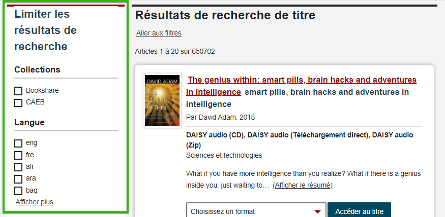 Écran de recherche par titre du CAÉB avec la section des résultats filtrés mis en surbrillance en vert à gauche