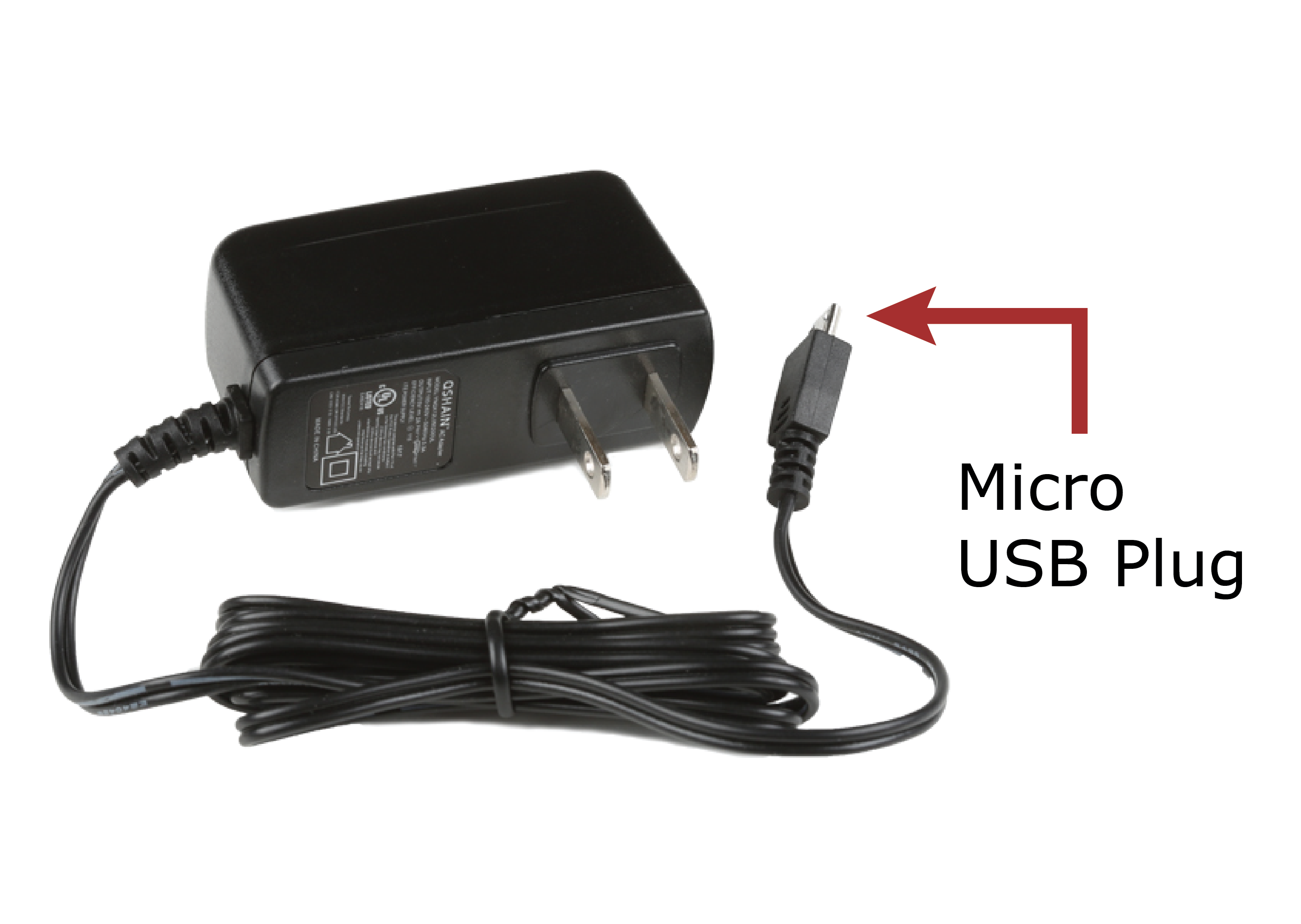 This is a photograph of a wall charger that plugs into a North American style socket. The wall plug section has a built-in Micro USB cable and plug on the end.