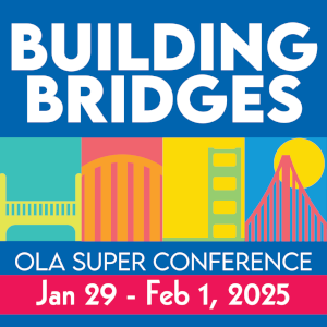 Texte en anglais : « Building bridges, OLA Super Conference Jan 29 - Feb 1, 2025 » et graphiques de différents types de ponts.