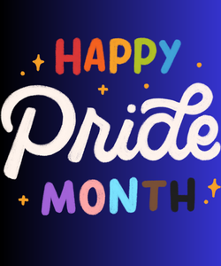 The words "Happy pride month" in rainbow colours on a dark blue background.