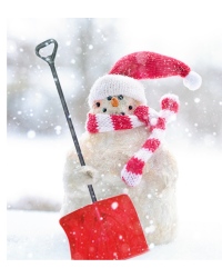 A happy snowman wears a red and white hat and scarf and holds a red shovel.