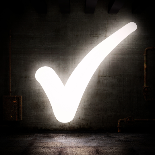 A white check mark is lit on a black wall.