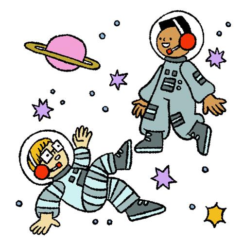 illustration of two children dressed as astronauts swirling in space. Planets and stars are floating in the background.