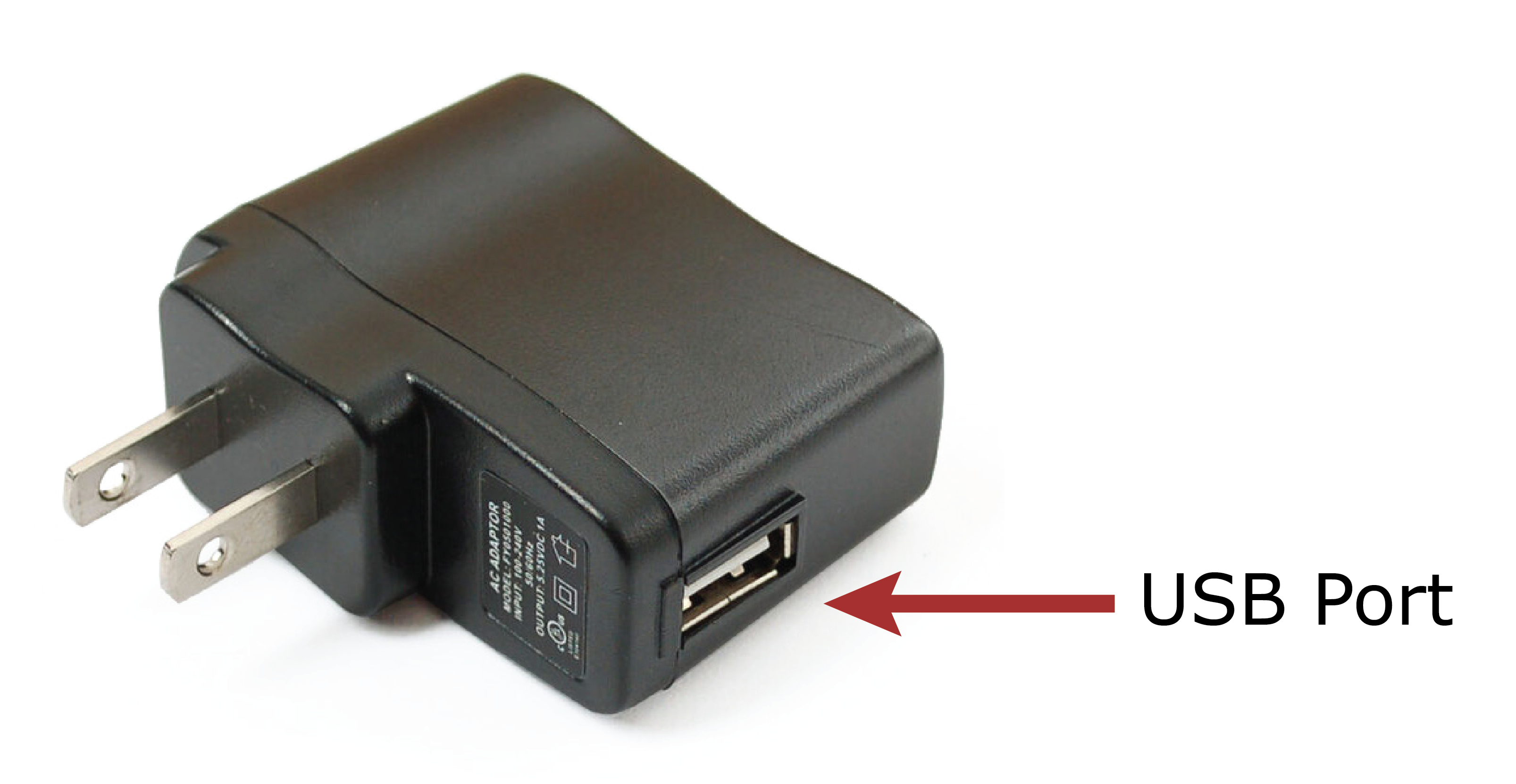This is a photograph of a wall adapter that plugs into a North American style socket. It is only the adapter part and it has a USB port for a USB cable to plug into.