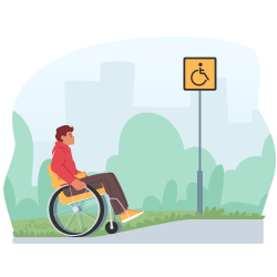 A person in a wheelchair approaches a yellow sign that shows a person in a wheelchair.