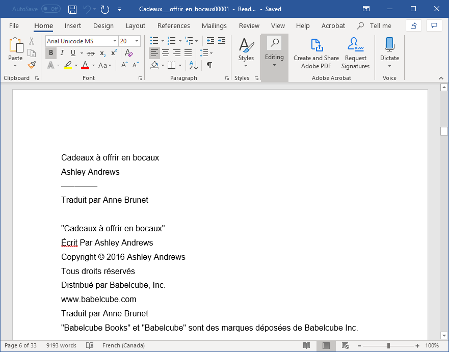 Un fichier Word du texte du livre Late Breaking de K.D. Miller
