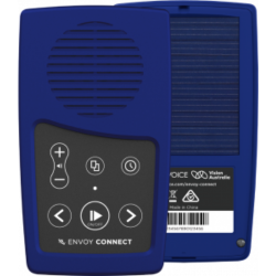 L'Envoy Connect, un appareil rectangulaire bleu et noir, possède 6 boutons dans la moitié inférieure de l'appareil et le haut-parleur rond dans la moitié supérieure.