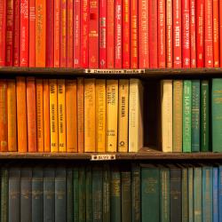 Trois étagères de livres. L'étagère du haut a des livres rouges. L'étagère du milieu a des livres en orange, jaune et vert. L'étagère du bas a des livres en bleu et violet.