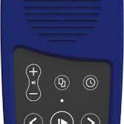 Envoy Connect est un terminal mobile bleu de la taille et de la forme d'un jeu de cartes. En haut se trouve un haut-parleur rond et en bas se trouvent de simples boutons et des flèches de navigation.