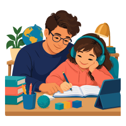 Illustration d'un enfant portant un casque audio et d'un autre faisant ses devoirs ensemble.